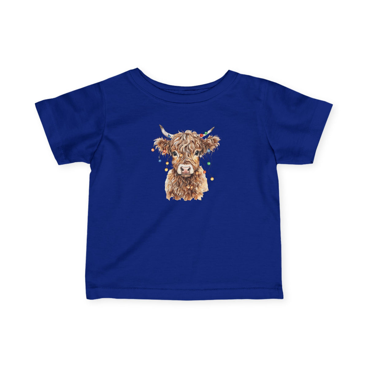 Royal Highland Cow With Christmas Lights baby t-shirt with a watercolor highland cow wearing colorful Christmas lights, front view
