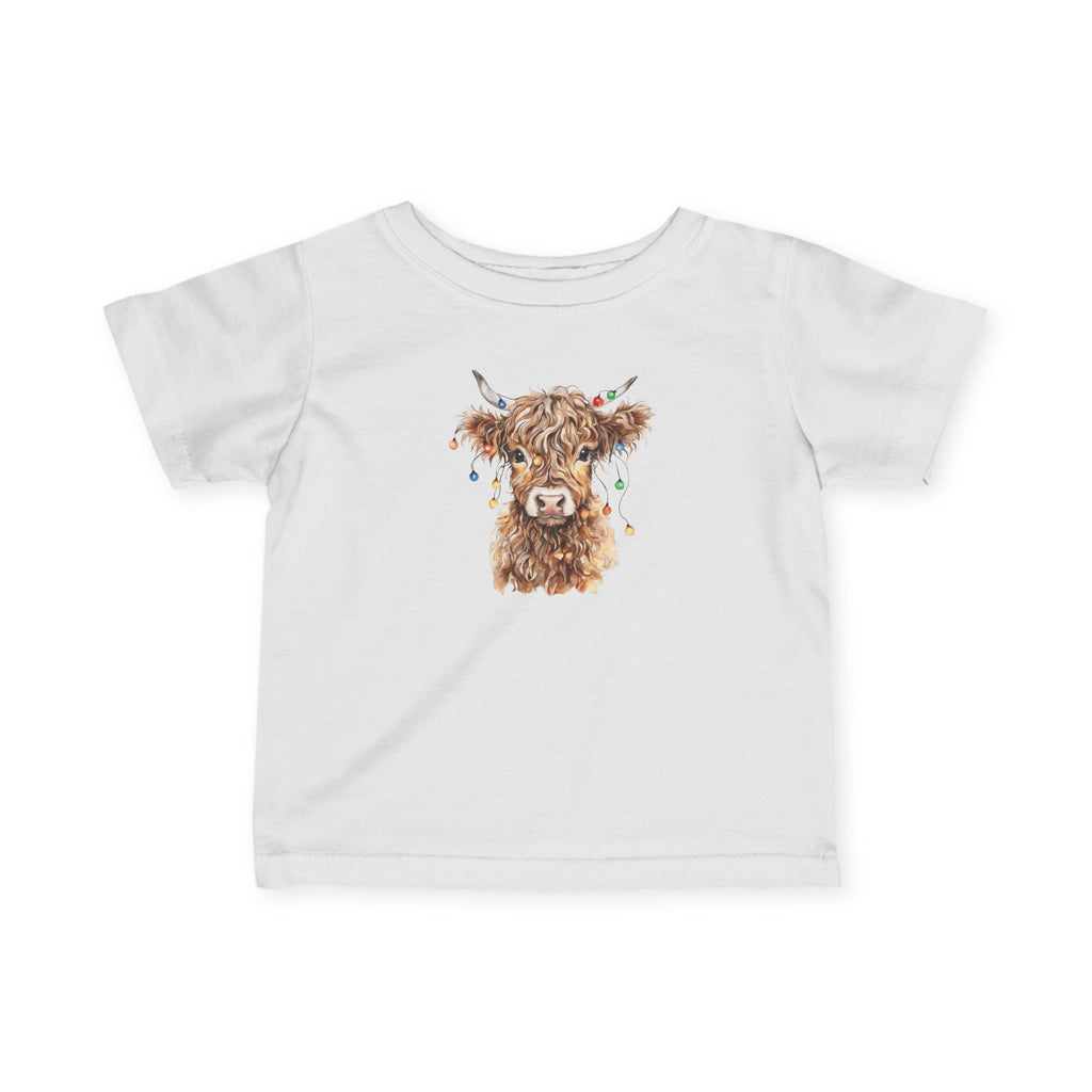 White Highland Cow With Christmas Lights baby t-shirt with a watercolor highland cow wearing colorful Christmas lights, front view