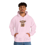 Man wearing the Light Pink Highland Cow With Christmas Lights Hoodie