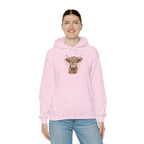 Woman wearing the Light Pink Highland Cow With Christmas Lights Hoodie