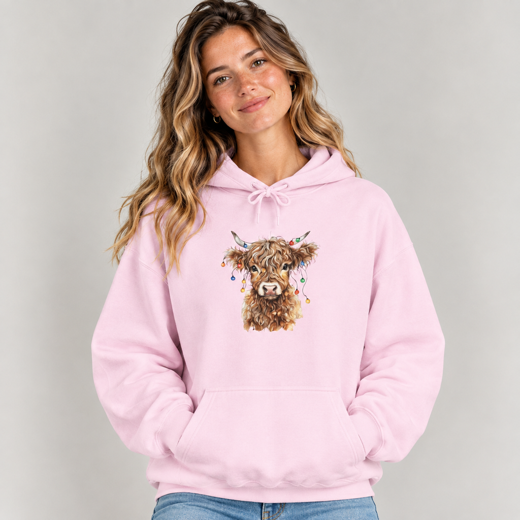 Woman wearing the Light Pink Highland Cow With Christmas Lights Hoodie with jeans