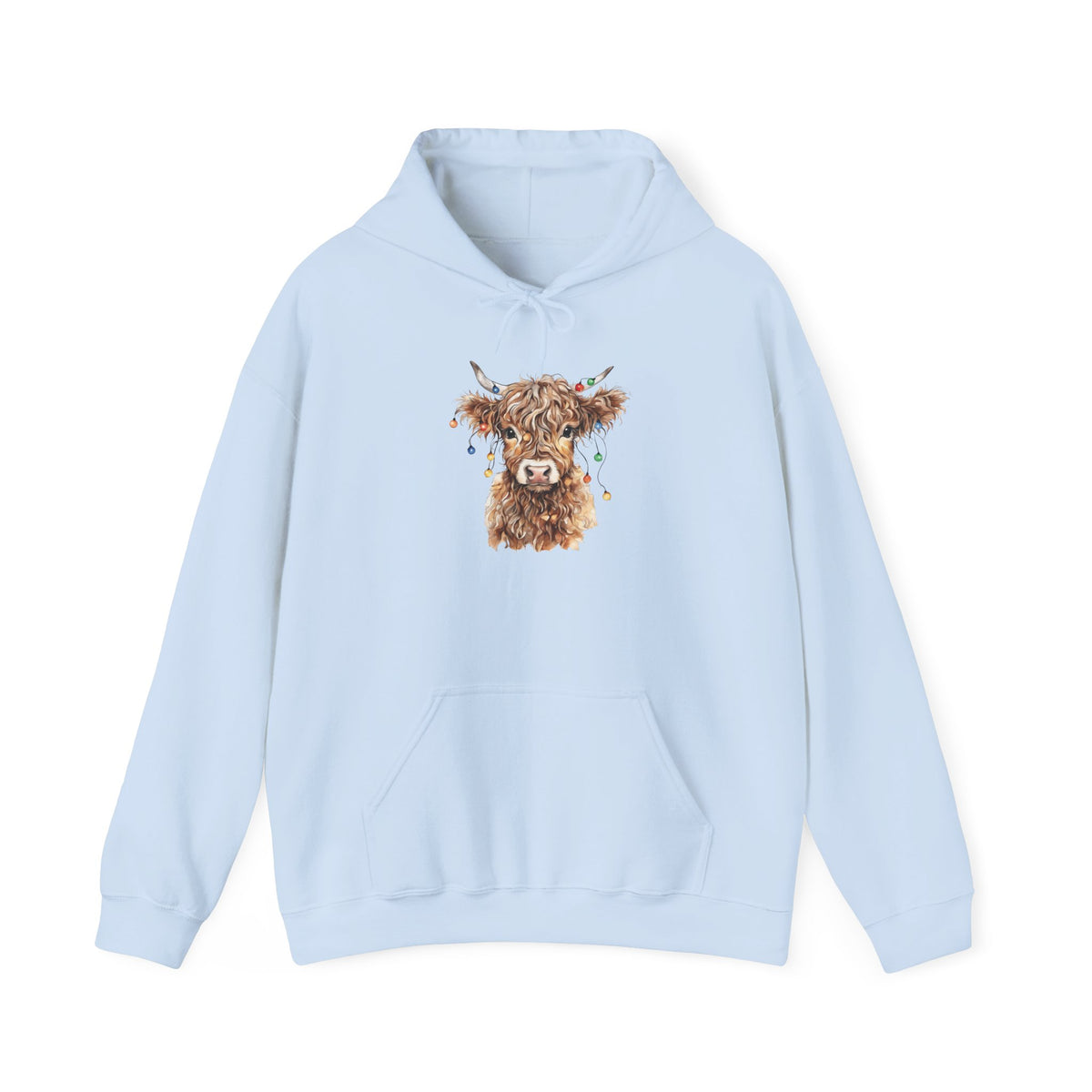 Light Blue Highland Cow With Christmas Lights hoodie with a fluffy watercolor cow print, front view