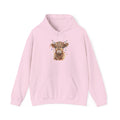 Light Pink Highland Cow With Christmas Lights hoodie with a fluffy watercolor cow print, front view