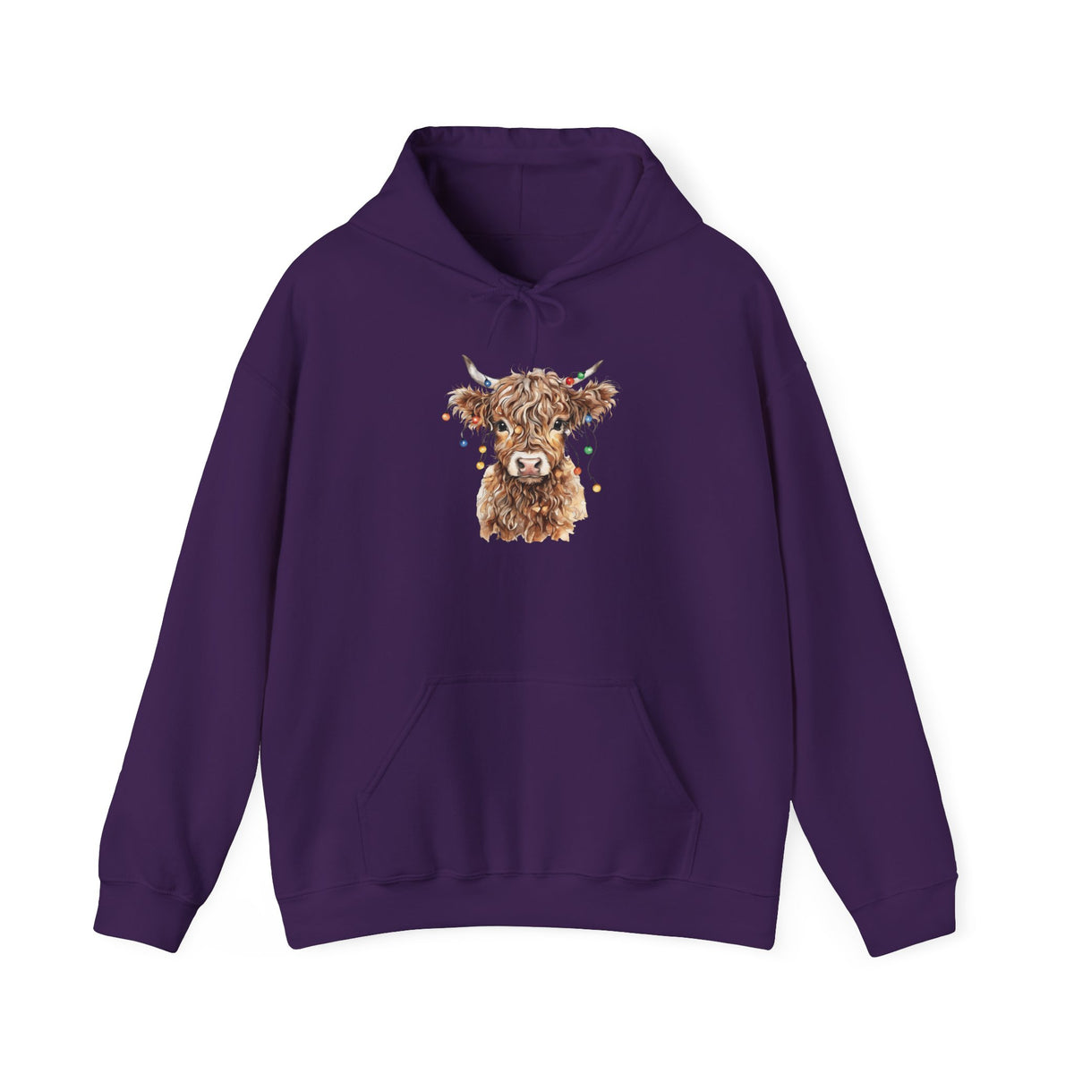 Purple Highland Cow With Christmas Lights hoodie with a fluffy watercolor cow print, front view