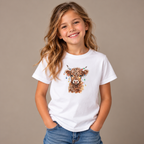 Girl wearing the White Highland Cow With Christmas Lights Kids T-Shirt