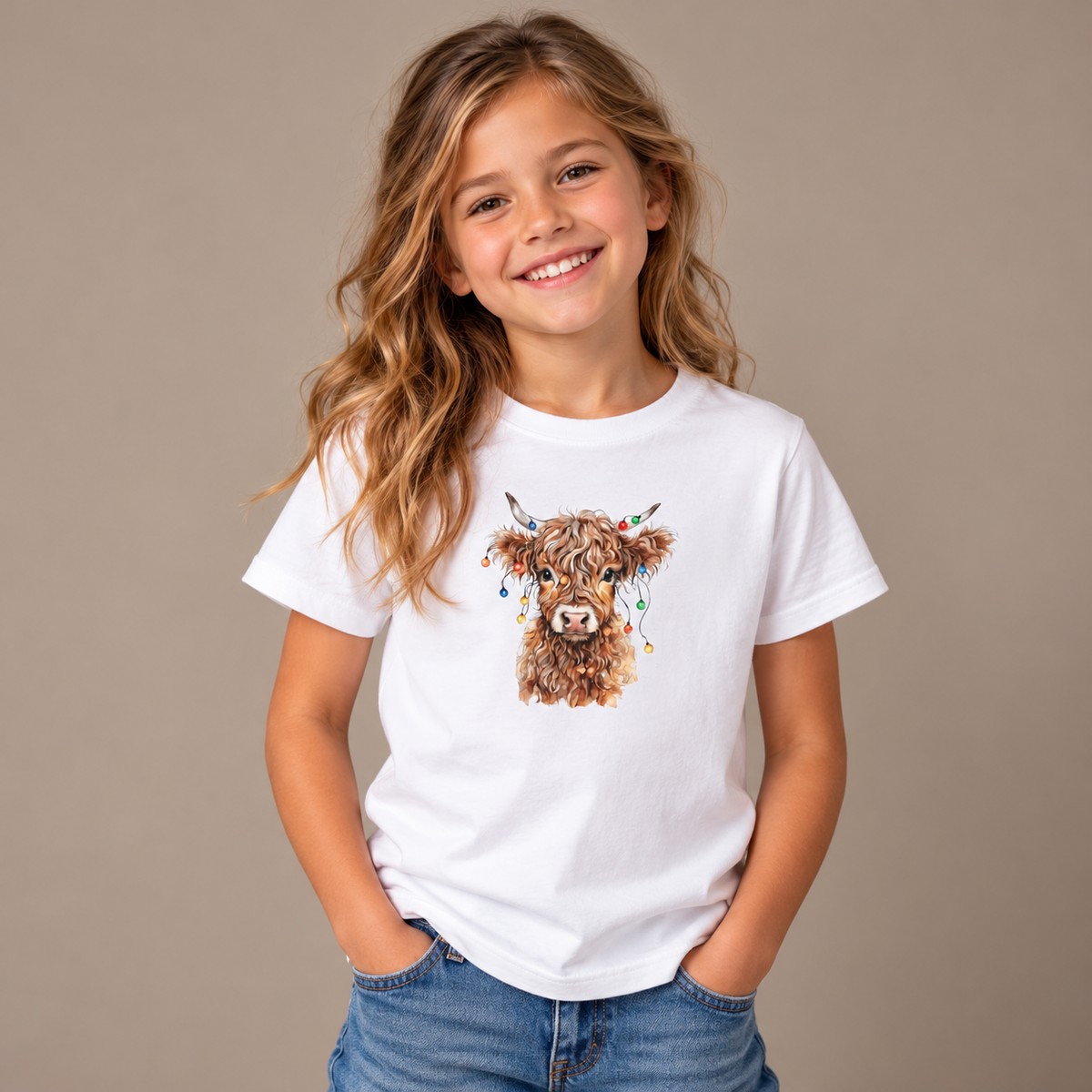 Girl wearing the White Highland Cow With Christmas Lights Kids T-Shirt