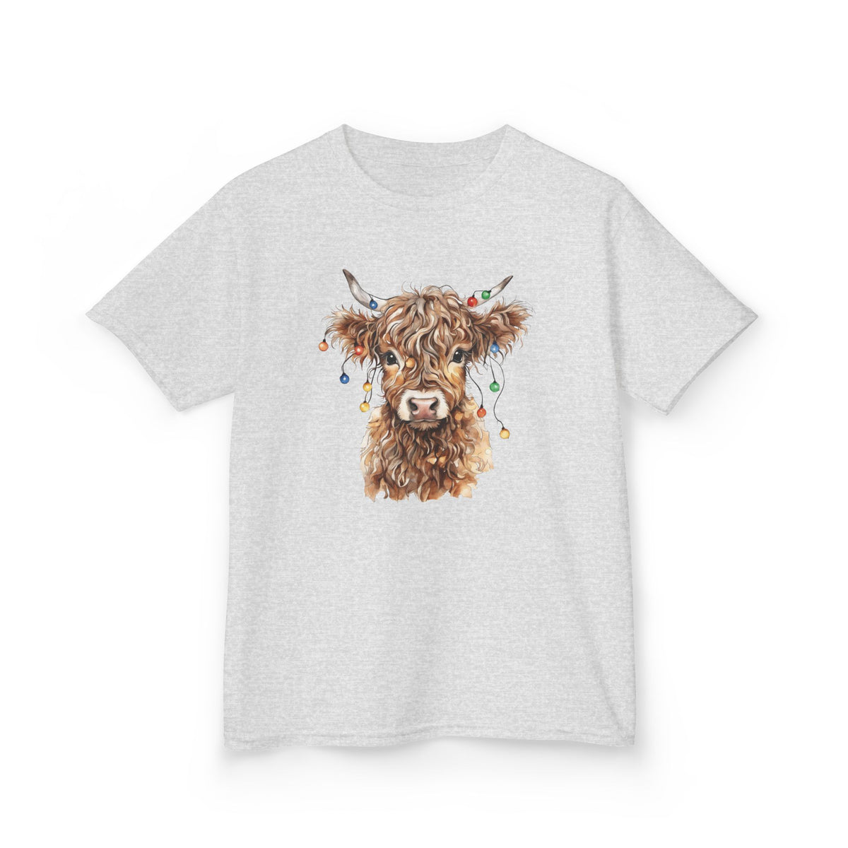Ash Highland Cow With Christmas Lights kids t-shirt with a watercolor highland cow wearing colorful Christmas lights, front view