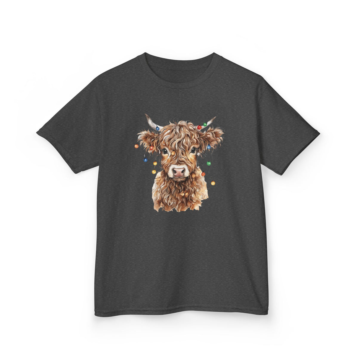 Dark Heather Highland Cow With Christmas Lights kids t-shirt with a watercolor highland cow wearing colorful Christmas lights, front view