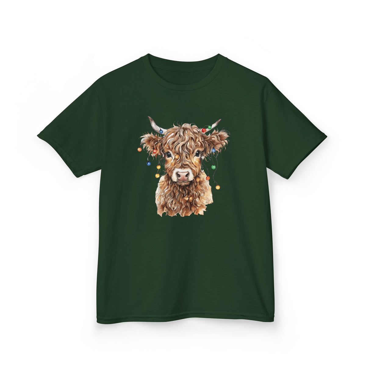 Forest Green Highland Cow With Christmas Lights kids t-shirt with a watercolor highland cow wearing colorful Christmas lights, front view