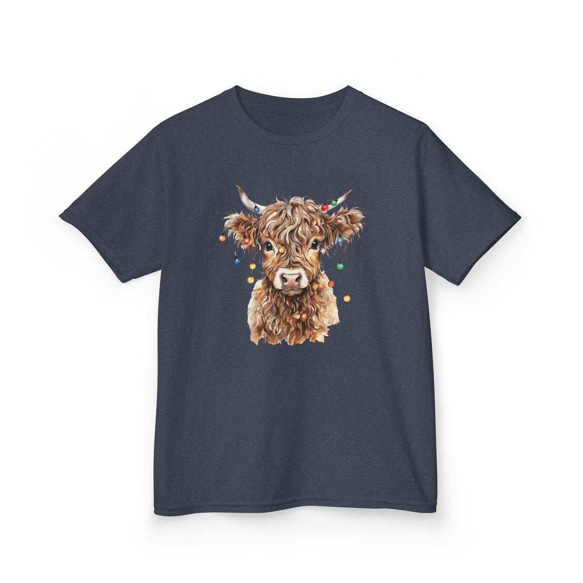 Heather Navy Highland Cow With Christmas Lights kids t-shirt with a watercolor highland cow wearing colorful Christmas lights, front view