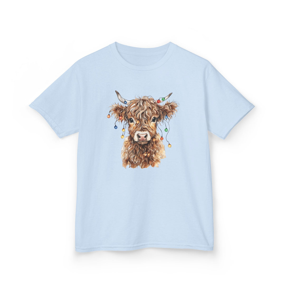 Light Blue Highland Cow With Christmas Lights kids t-shirt with a watercolor highland cow wearing colorful Christmas lights, front view