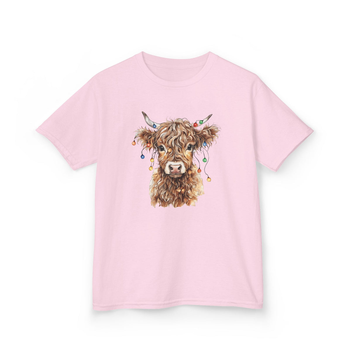 Light Pink Highland Cow With Christmas Lights kids t-shirt with a watercolor highland cow wearing colorful Christmas lights, front view