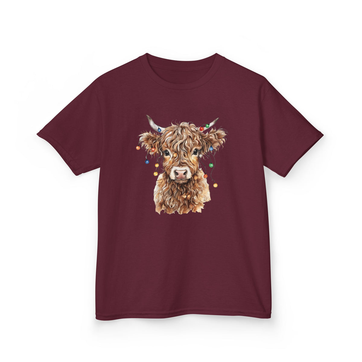 Maroon Highland Cow With Christmas Lights kids t-shirt with a watercolor highland cow wearing colorful Christmas lights, front view