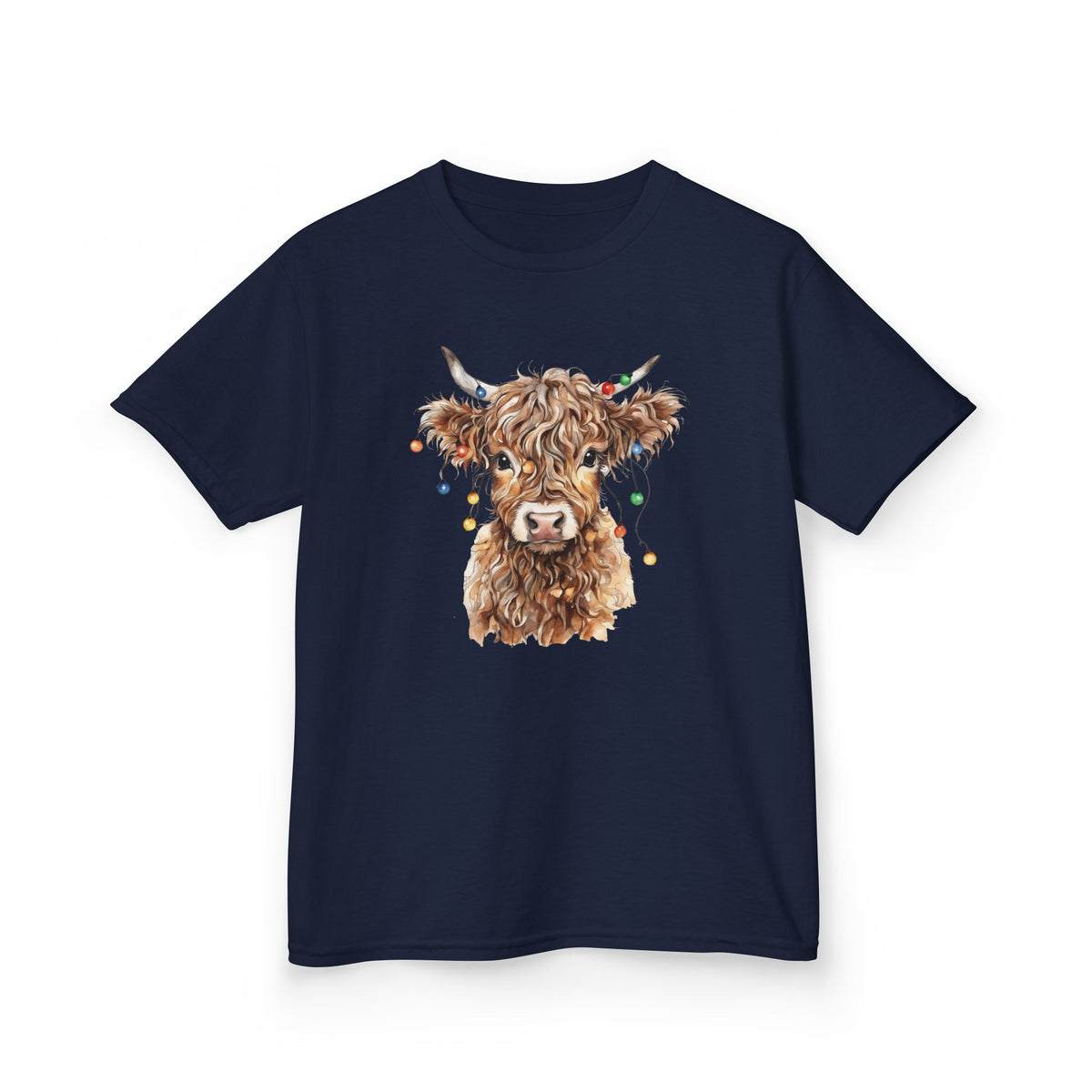 Navy Highland Cow With Christmas Lights kids t-shirt with a watercolor highland cow wearing colorful Christmas lights, front view