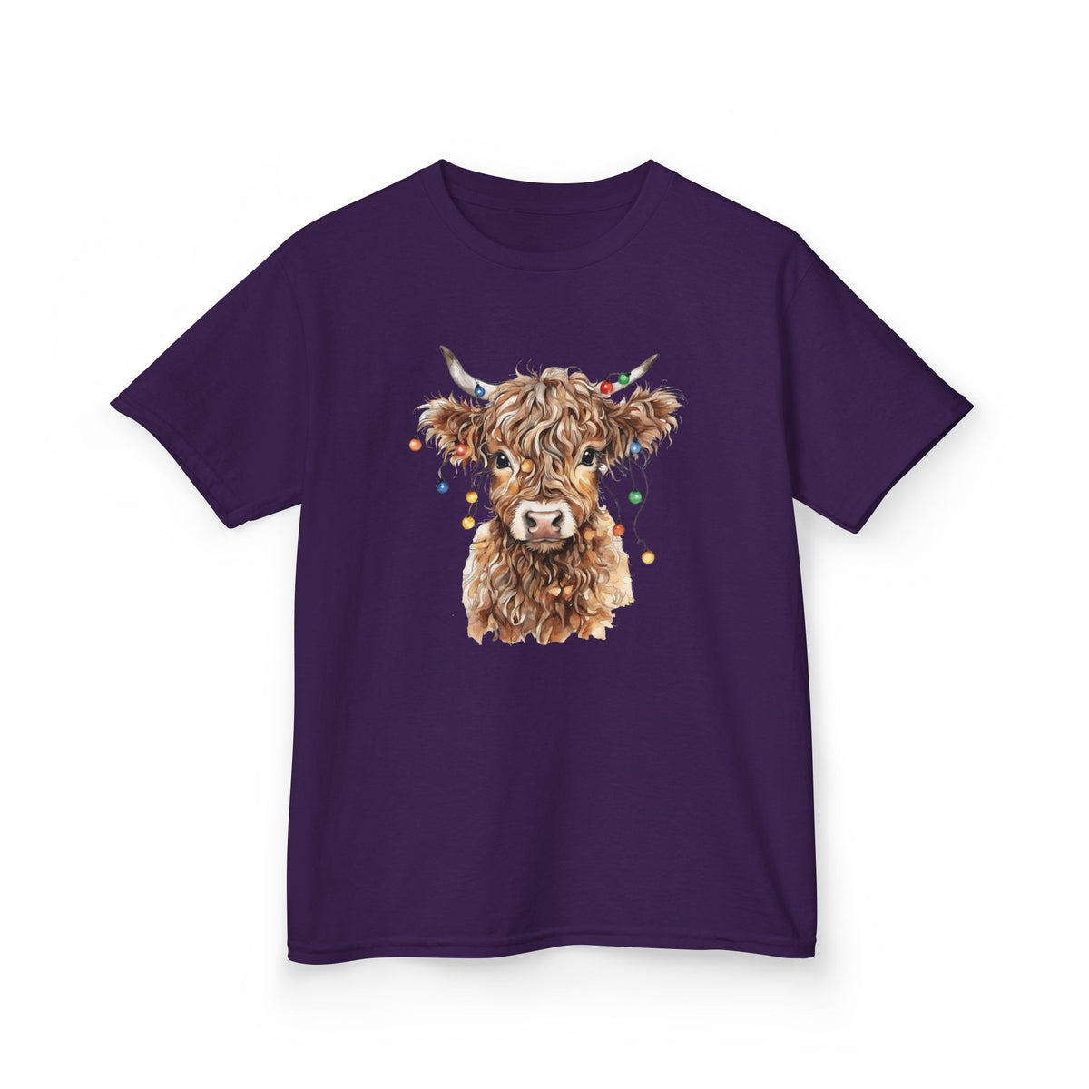 Purple Highland Cow With Christmas Lights kids t-shirt with a watercolor highland cow wearing colorful Christmas lights, front view