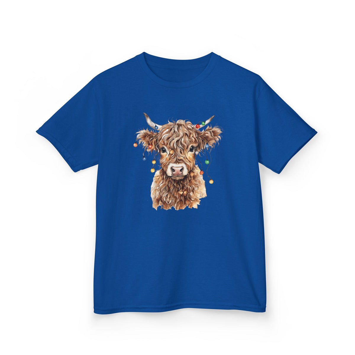 Royal Highland Cow With Christmas Lights kids t-shirt with a watercolor highland cow wearing colorful Christmas lights, front view