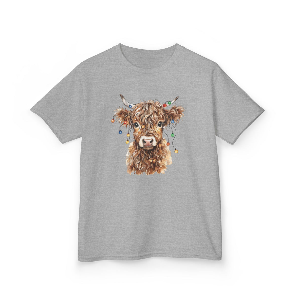 Sport Grey Highland Cow With Christmas Lights kids t-shirt with a watercolor highland cow wearing colorful Christmas lights, front view