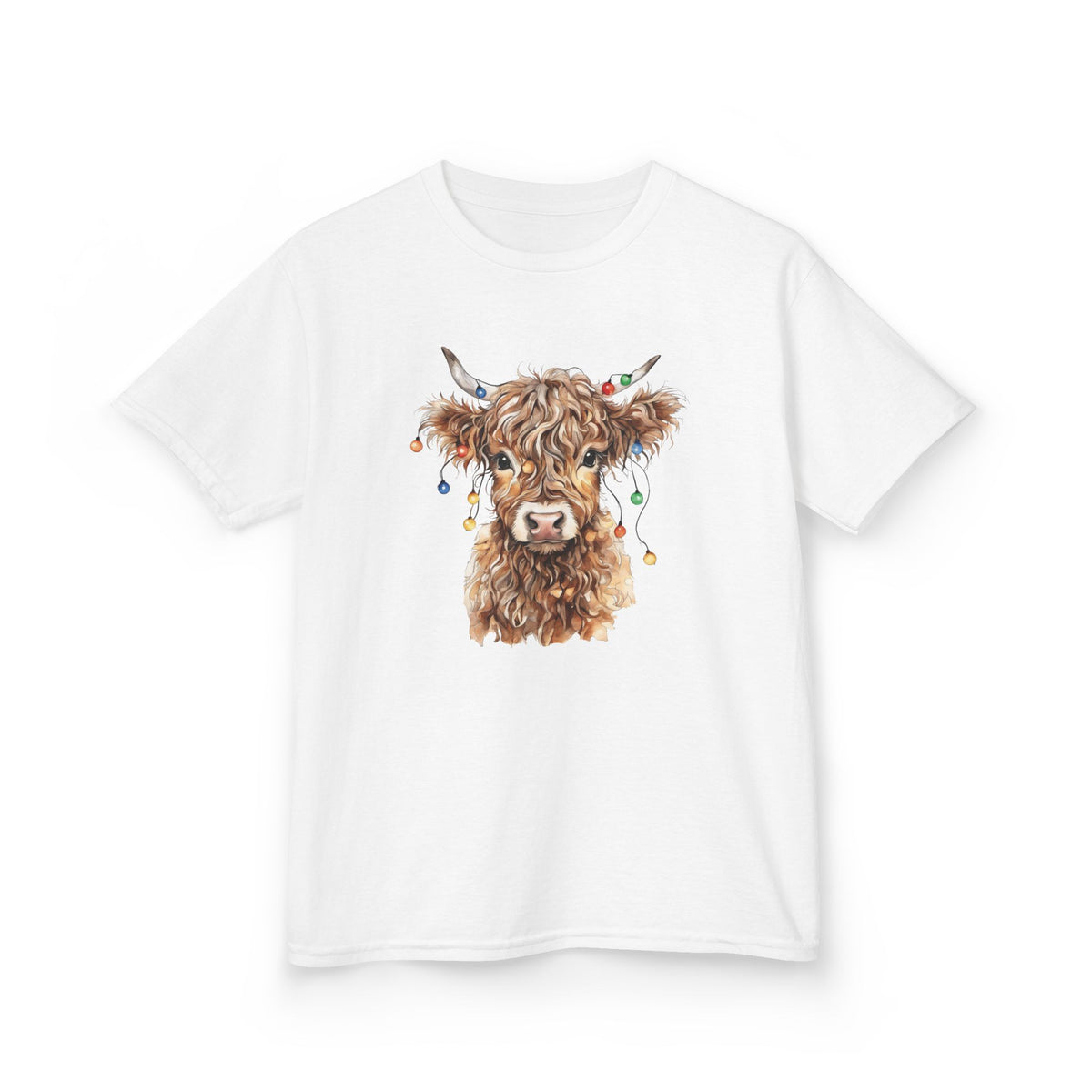 White Highland Cow With Christmas Lights kids t-shirt with a watercolor highland cow wearing colorful Christmas lights, front view