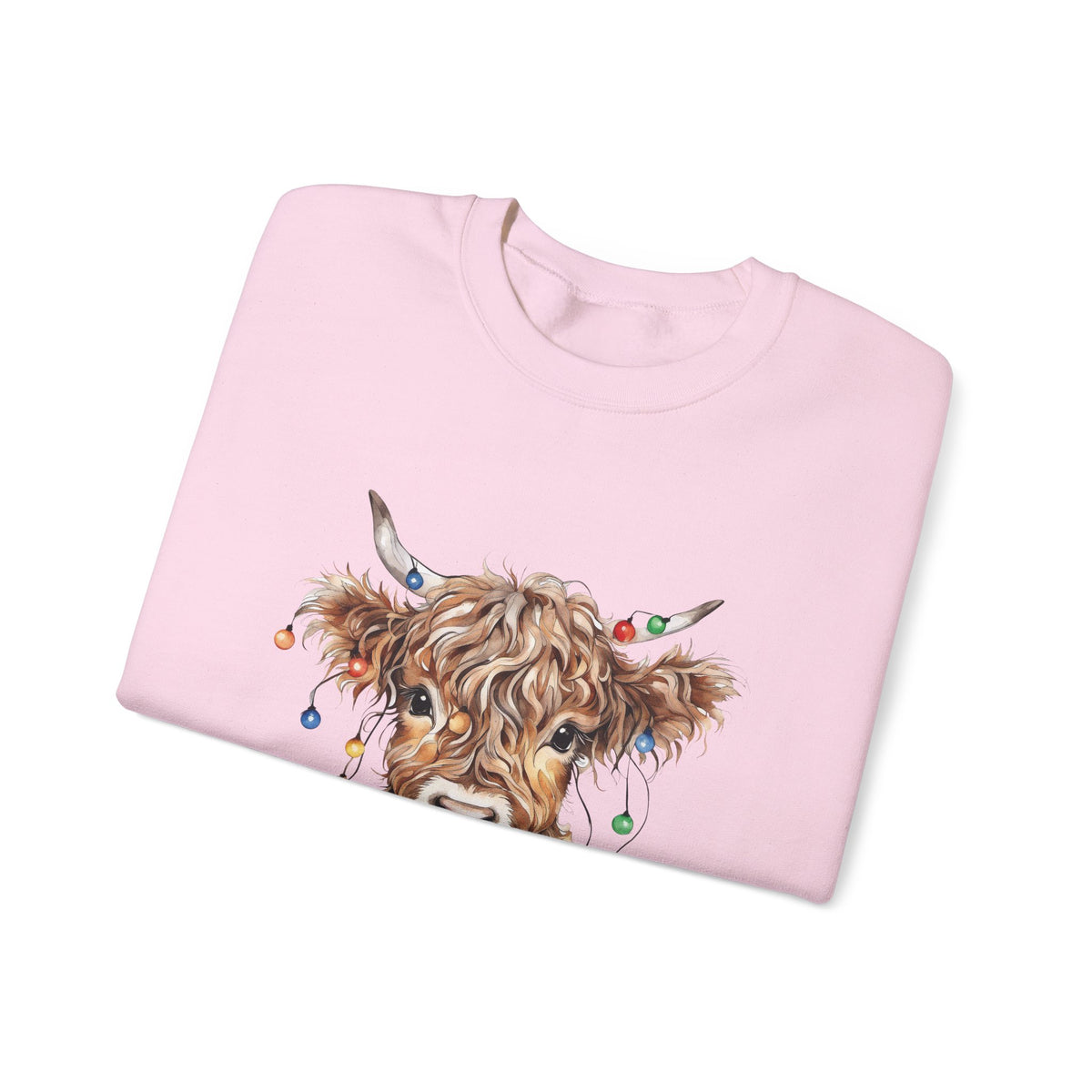Highland Cow With Christmas Lights Sweatshirt, folded