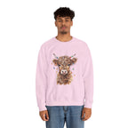Man wearing the Light Pink Highland Cow With Christmas Lights Sweatshirt