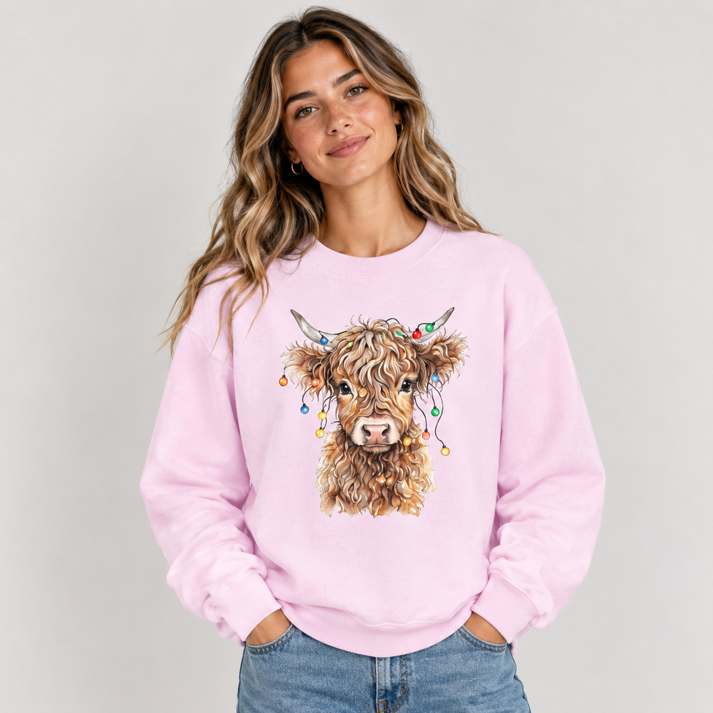Woman wearing the Light Pink Highland Cow With Christmas Lights Sweatshirt with jeans