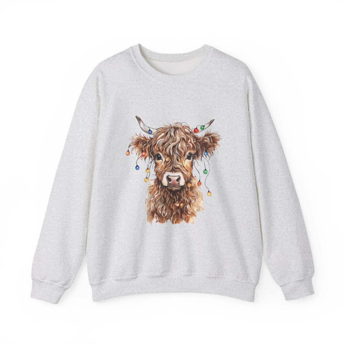 Ash Highland Cow With Christmas Lights sweatshirt with a fluffy watercolor cow print, front view