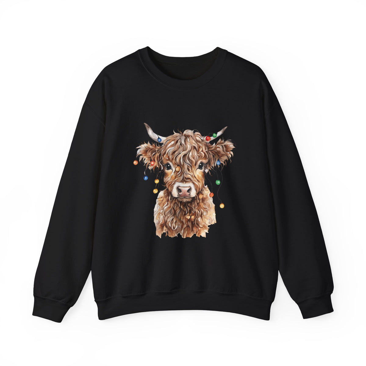 Black Highland Cow With Christmas Lights sweatshirt with a fluffy watercolor cow print, front view
