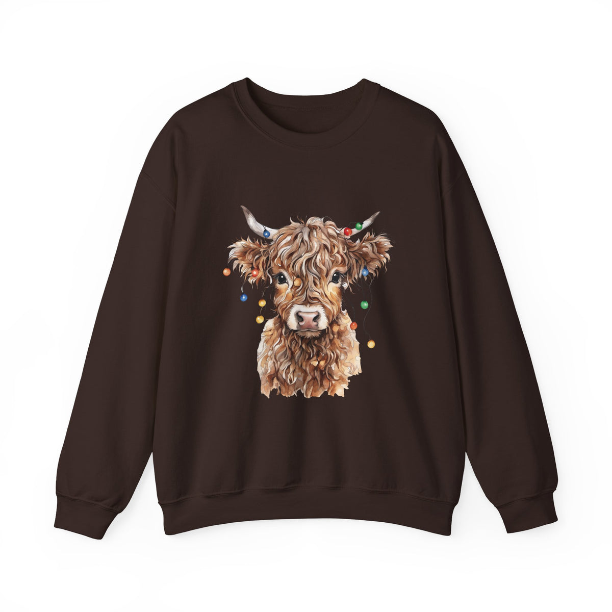 Dark Chocolate Highland Cow With Christmas Lights sweatshirt with a fluffy watercolor cow print, front view