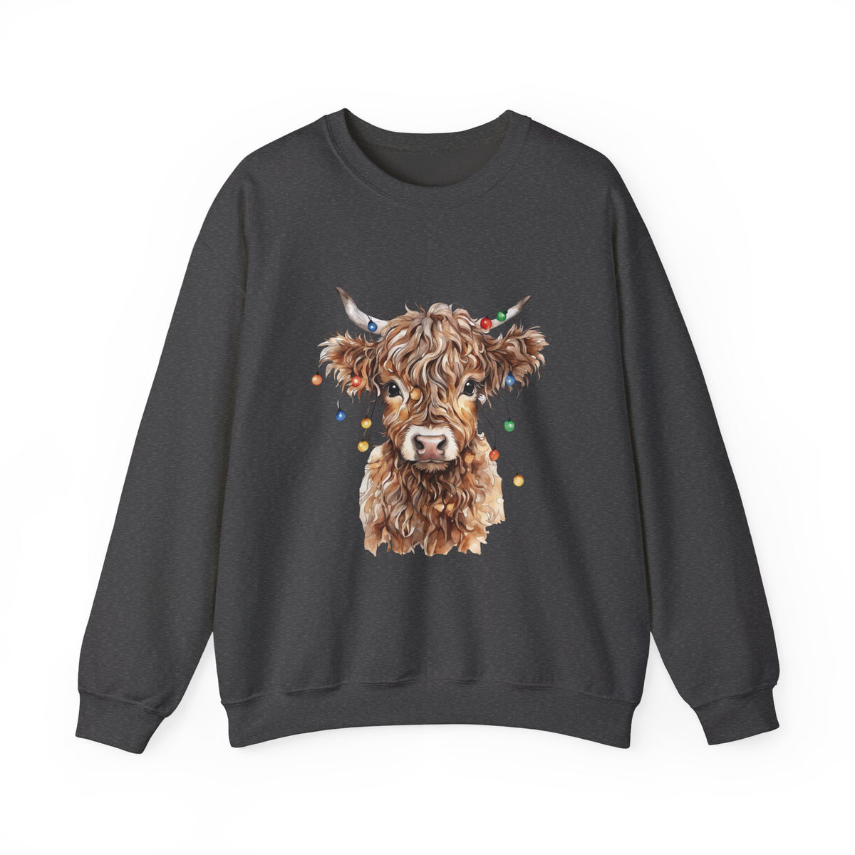 Dark Heather Highland Cow With Christmas Lights sweatshirt with a fluffy watercolor cow print, front view