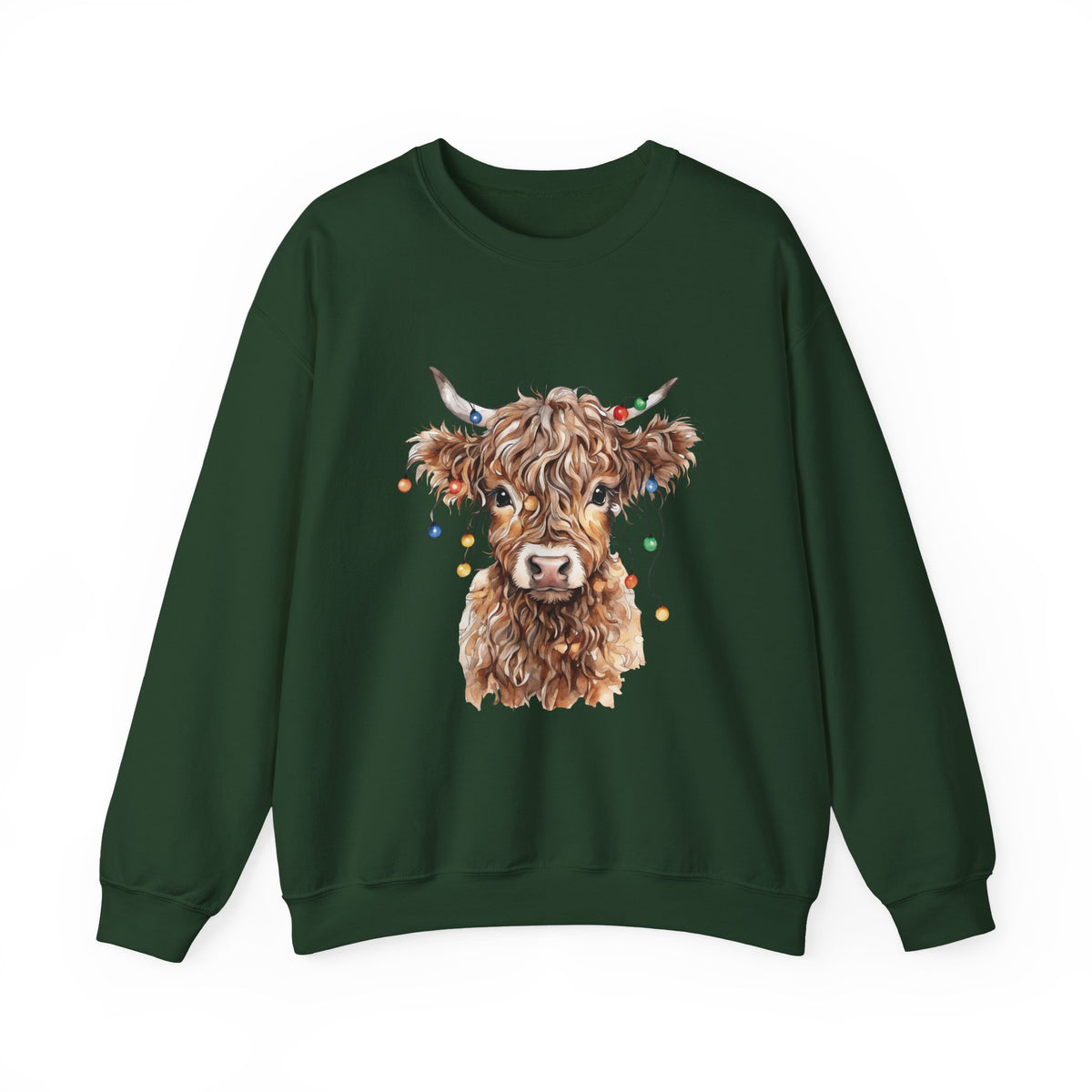 Forest Green Highland Cow With Christmas Lights sweatshirt with a fluffy watercolor cow print, front view