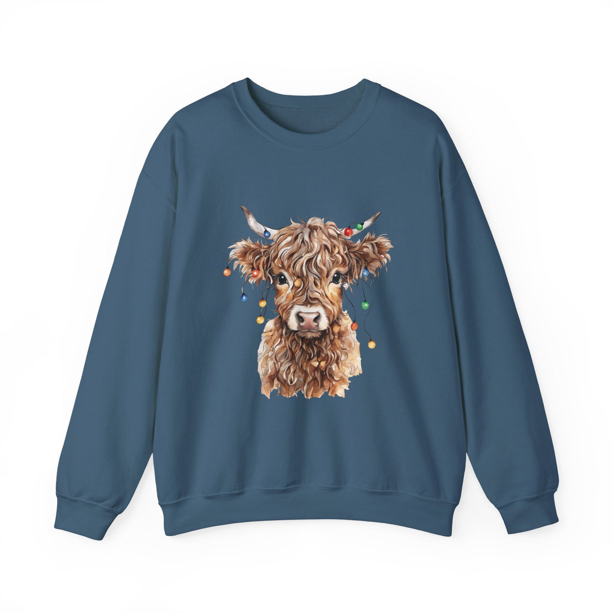 Indigo Blue Highland Cow With Christmas Lights sweatshirt with a fluffy watercolor cow print, front view