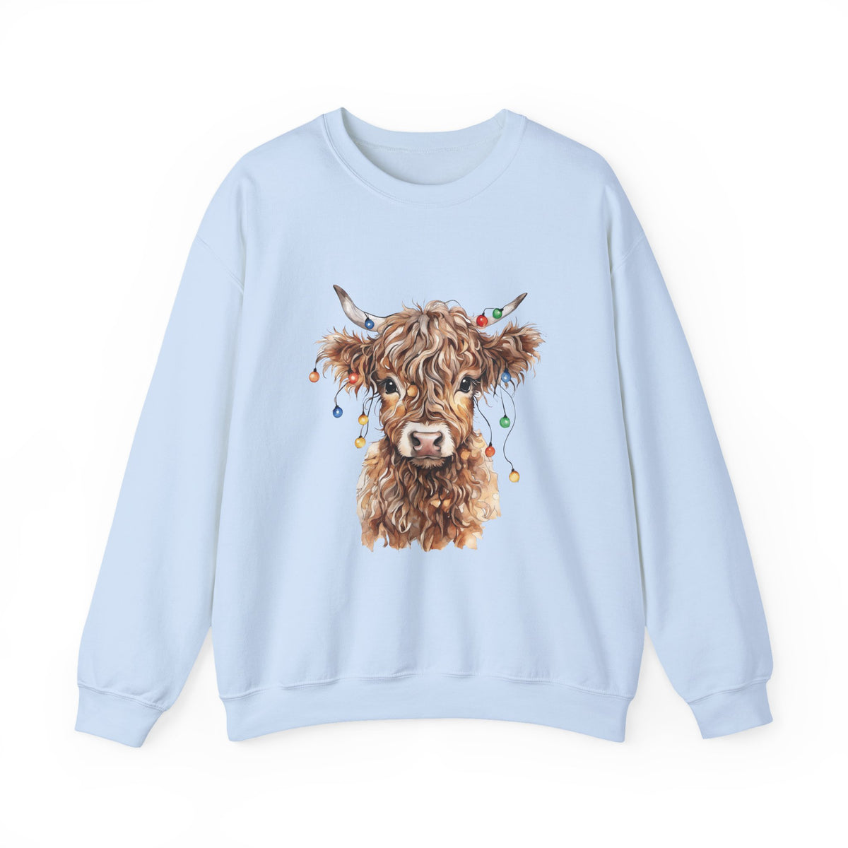 Light Blue Highland Cow With Christmas Lights sweatshirt with a fluffy watercolor cow print, front view