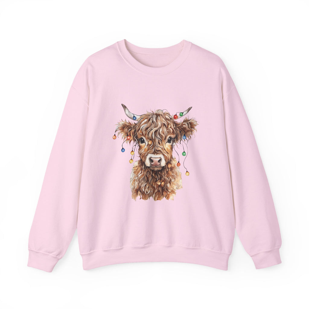 Light Pink Highland Cow With Christmas Lights sweatshirt with a fluffy watercolor cow print, front view