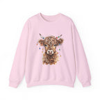 Light Pink Highland Cow With Christmas Lights sweatshirt with a fluffy watercolor cow print, front view