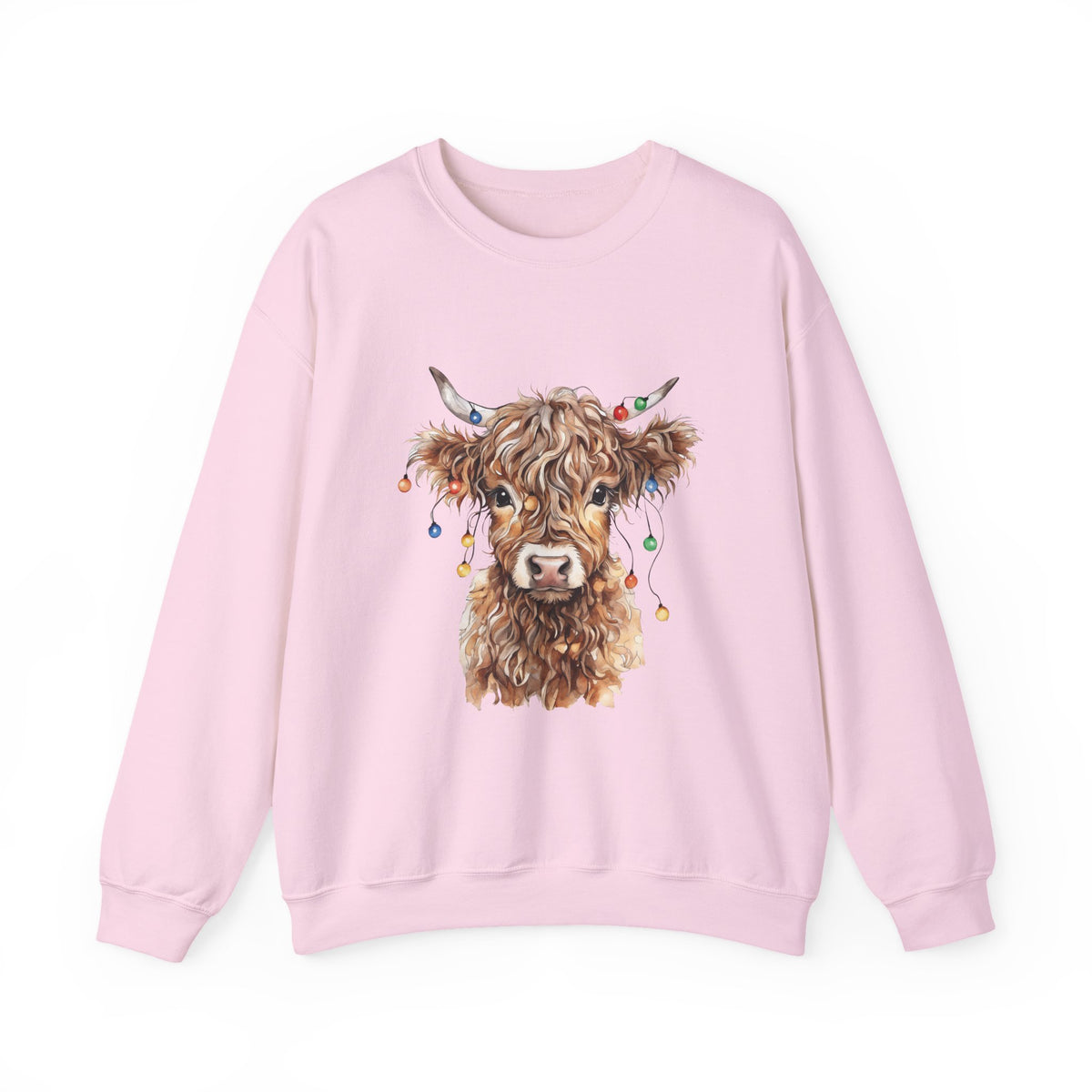Light Pink Highland Cow With Christmas Lights sweatshirt with a fluffy watercolor cow print, front view