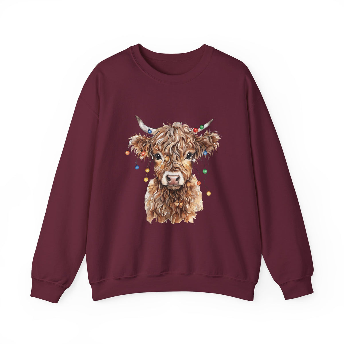 Maroon Highland Cow With Christmas Lights sweatshirt with a fluffy watercolor cow print, front view