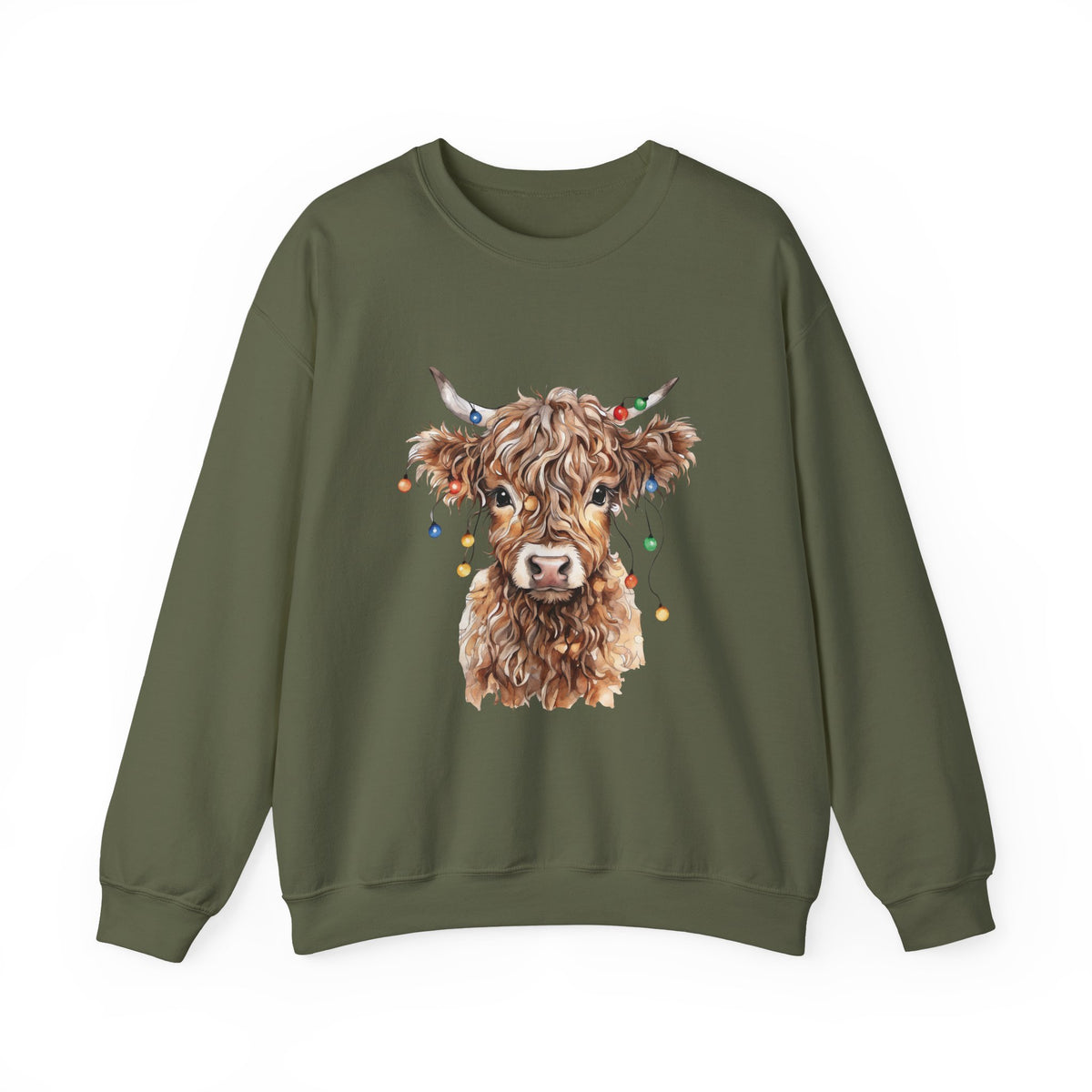 Military Green Highland Cow With Christmas Lights sweatshirt with a fluffy watercolor cow print, front view