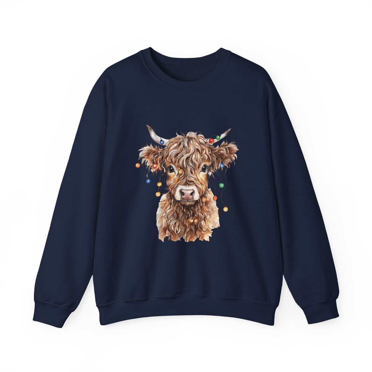 Navy Highland Cow With Christmas Lights sweatshirt with a fluffy watercolor cow print, front view