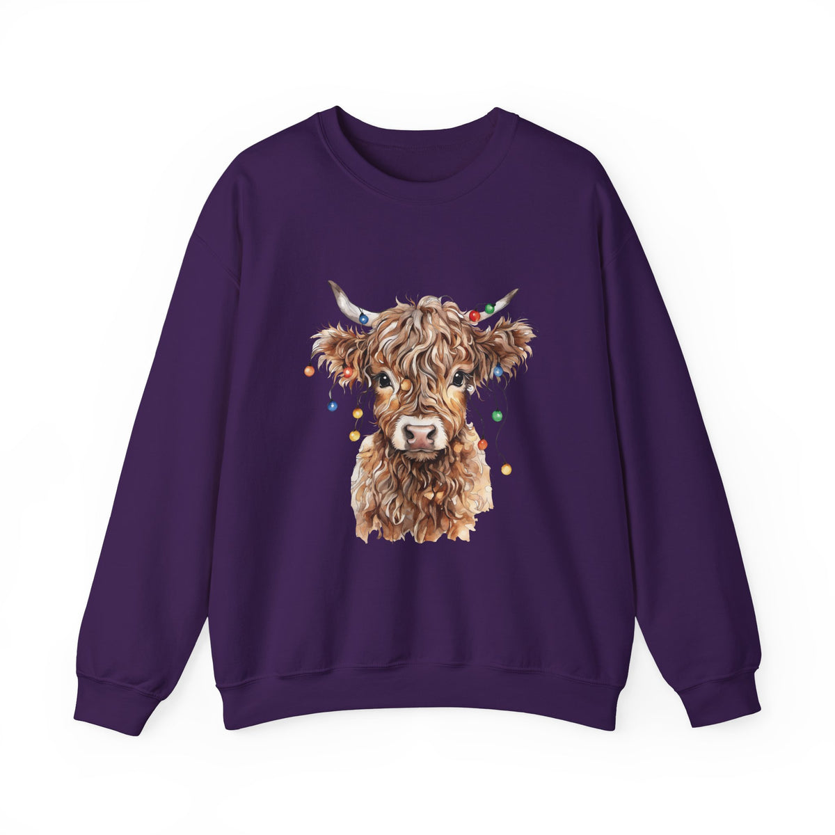 Purple Highland Cow With Christmas Lights sweatshirt with a fluffy watercolor cow print, front view