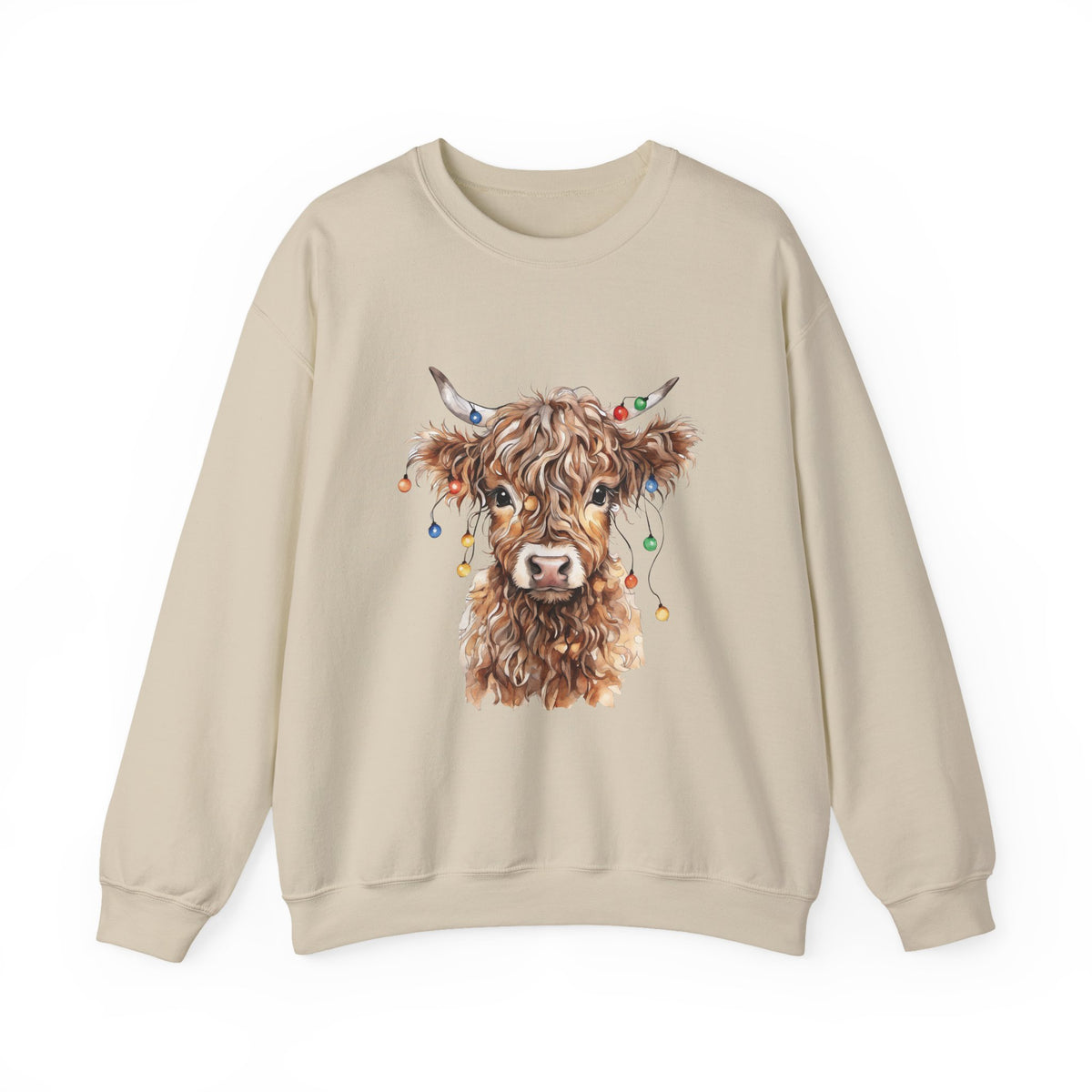 Sand Highland Cow With Christmas Lights sweatshirt with a fluffy watercolor cow print, front view