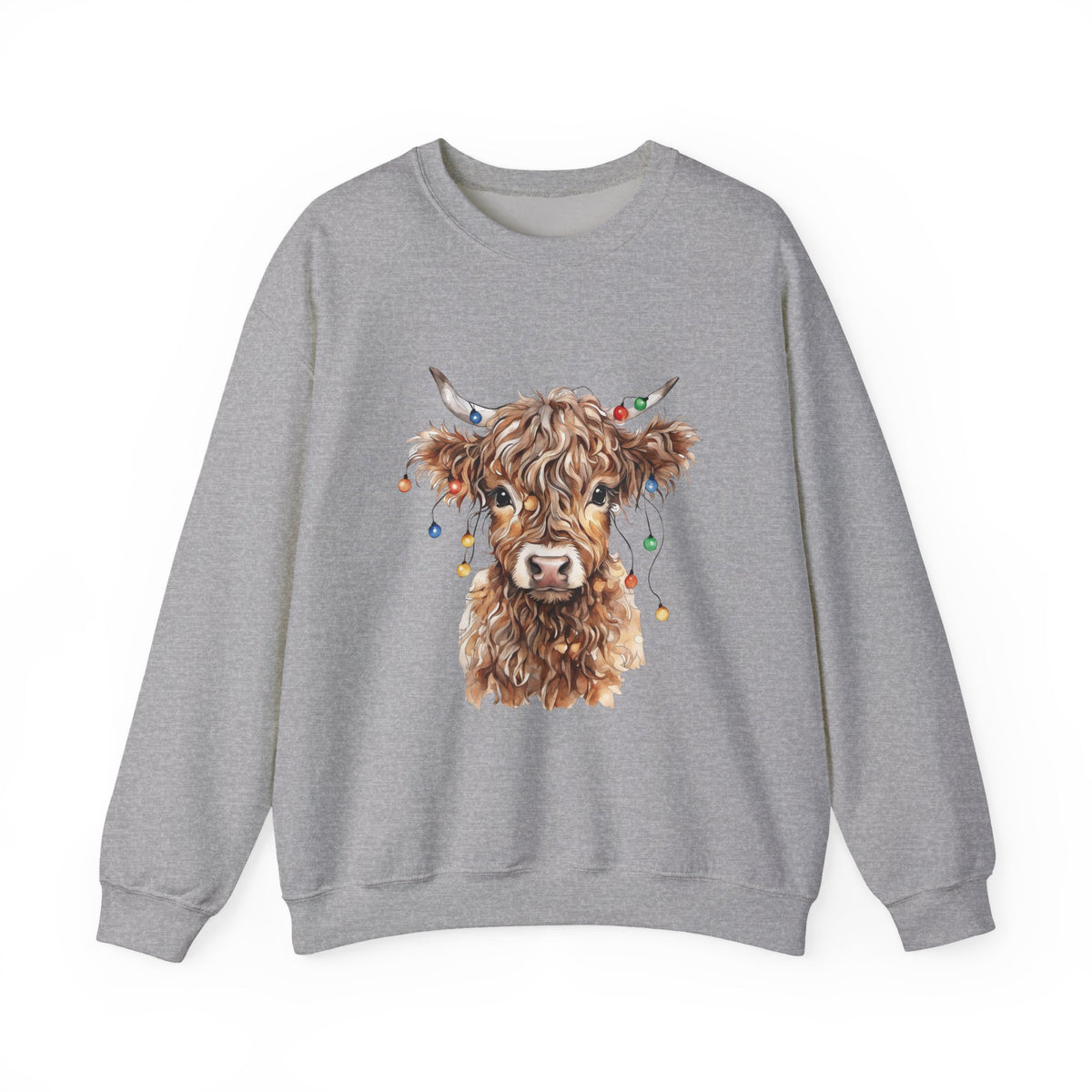 Sport Grey Highland Cow With Christmas Lights sweatshirt with a fluffy watercolor cow print, front view