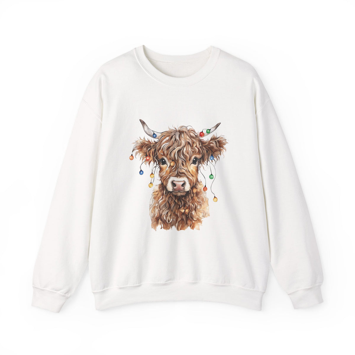 White Highland Cow With Christmas Lights sweatshirt with a fluffy watercolor cow print, front view