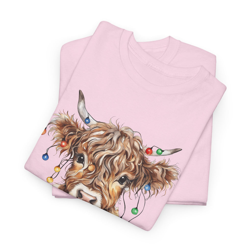 Highland Cow With Christmas Lights T-Shirt, folded