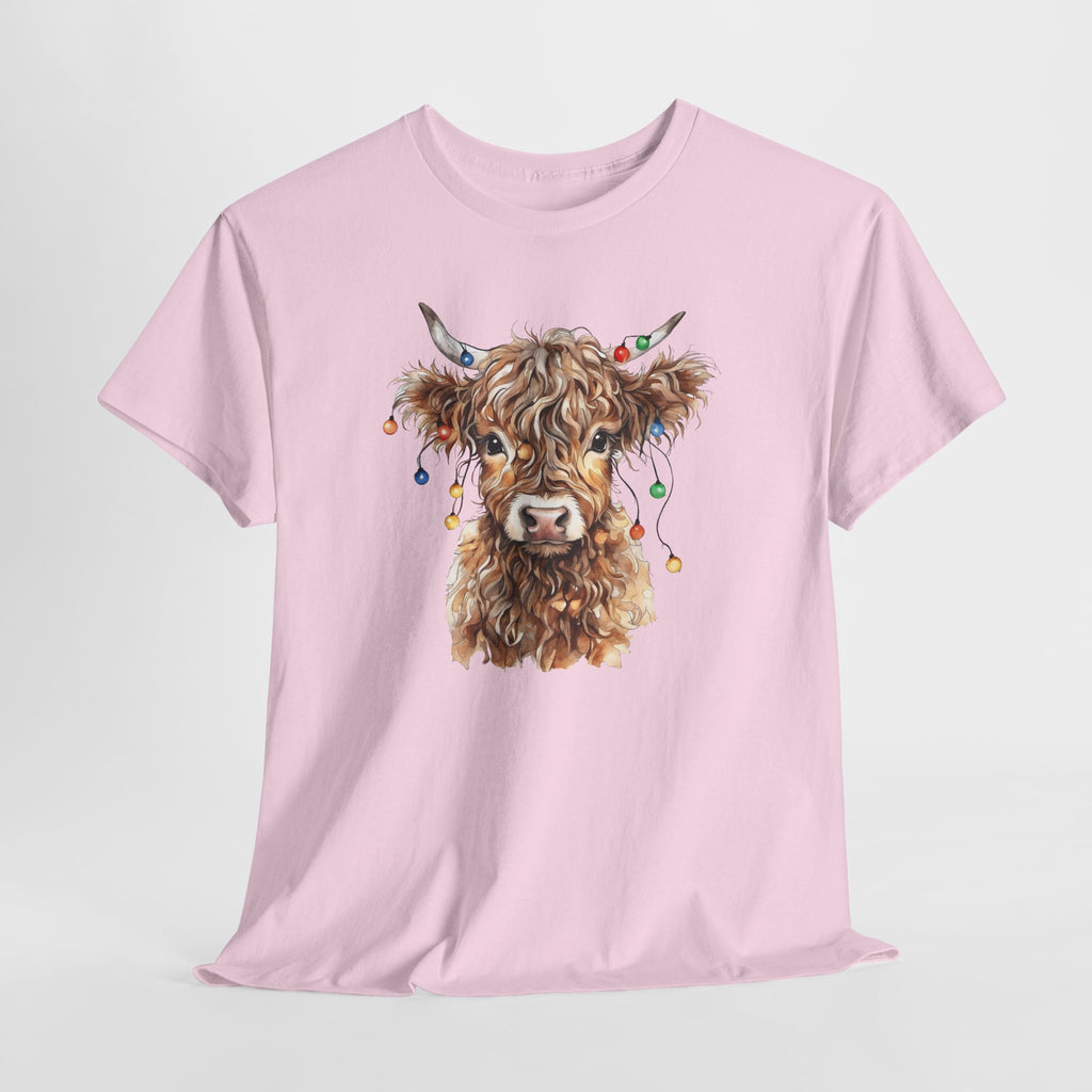 Highland Cow With Christmas Lights T-Shirt, flat lay