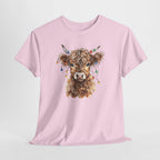 Highland Cow With Christmas Lights T-Shirt, flat lay