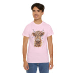 Man wearing the Light Pink Highland Cow With Christmas Lights T-Shirt