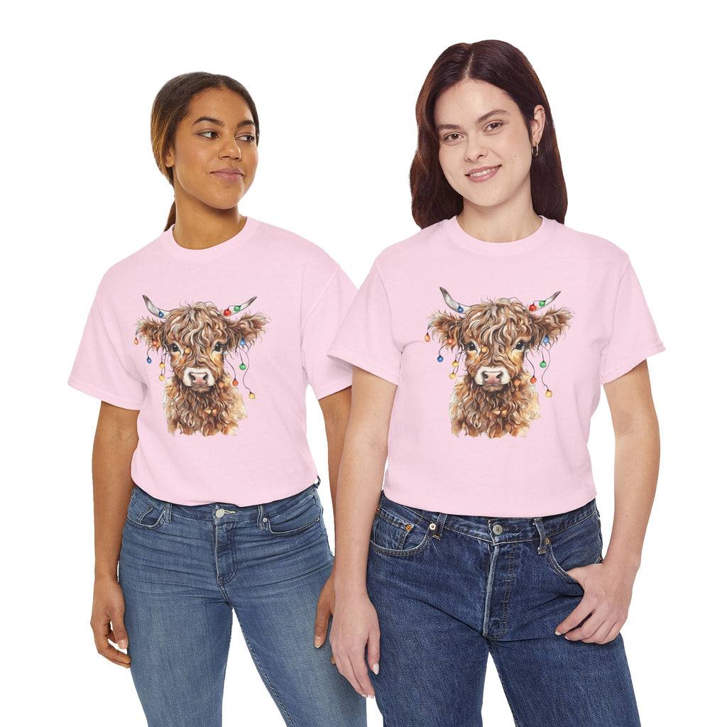 Two women wearing the Light Pink Highland Cow With Christmas Lights T-Shirt
