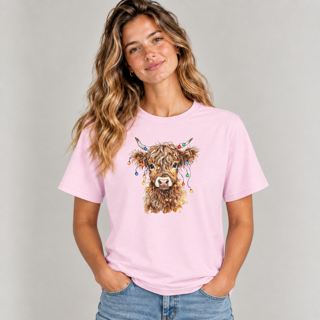 Woman wearing the Light Pink Highland Cow With Christmas Lights T-Shirt with jeans