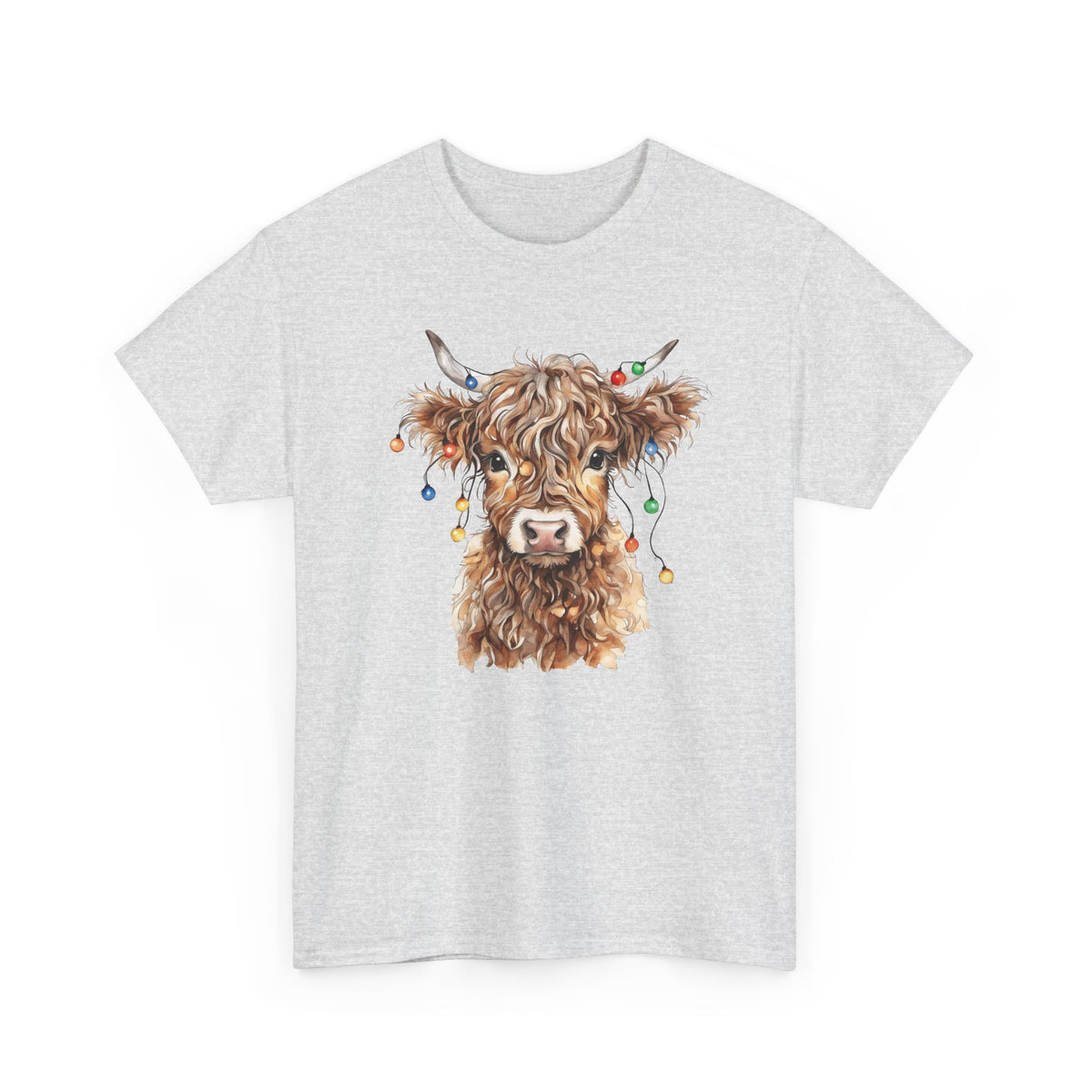 Ash Highland Cow With Christmas Lights t-shirt with a fluffy watercolor cow print, front view