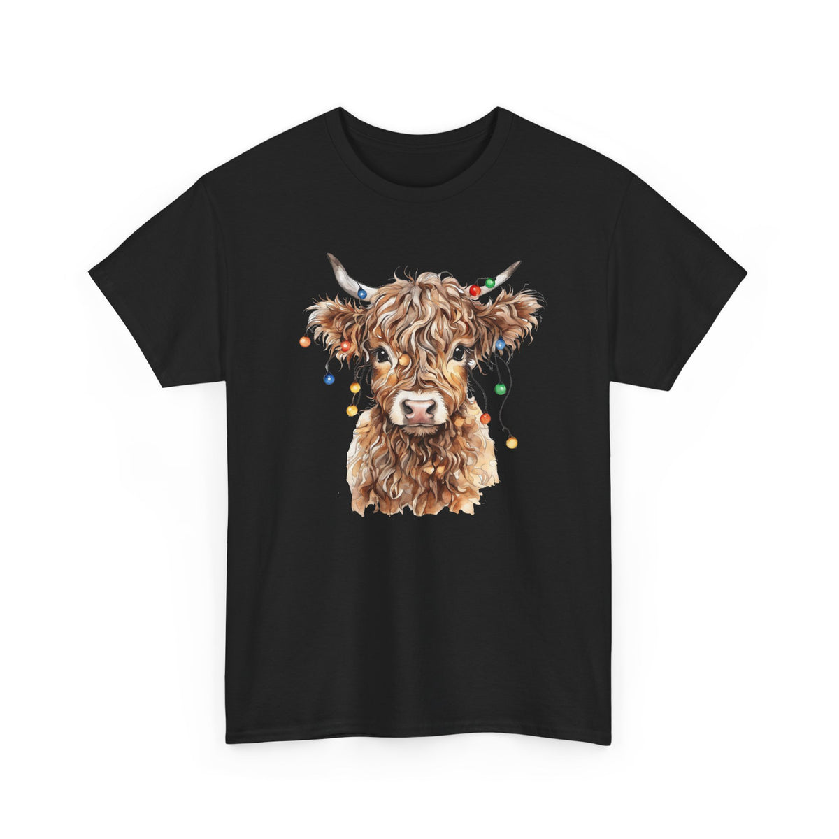 Black Highland Cow With Christmas Lights t-shirt with a fluffy watercolor cow print, front view